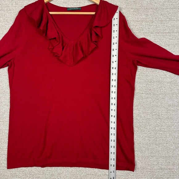 Lauren Ralph Lauren Sz L Sweater Red Ruffle V-Neck Long Sleeve Valentine Cottage - Picture 6 of 9